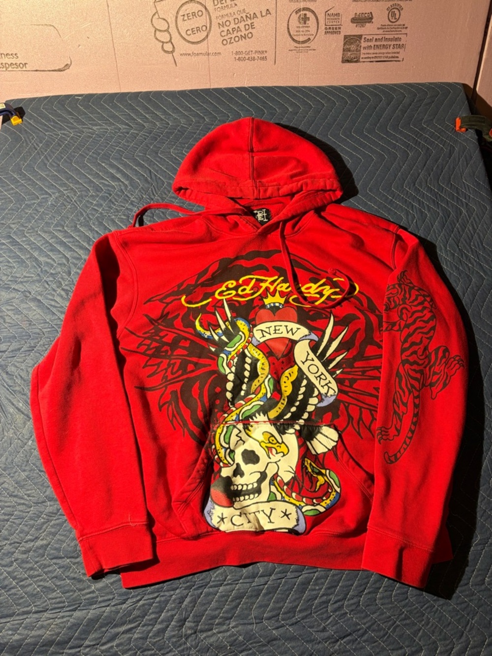 Ed Hardy Red Zip-Up Hoodie with Multicolor Skull Graphic